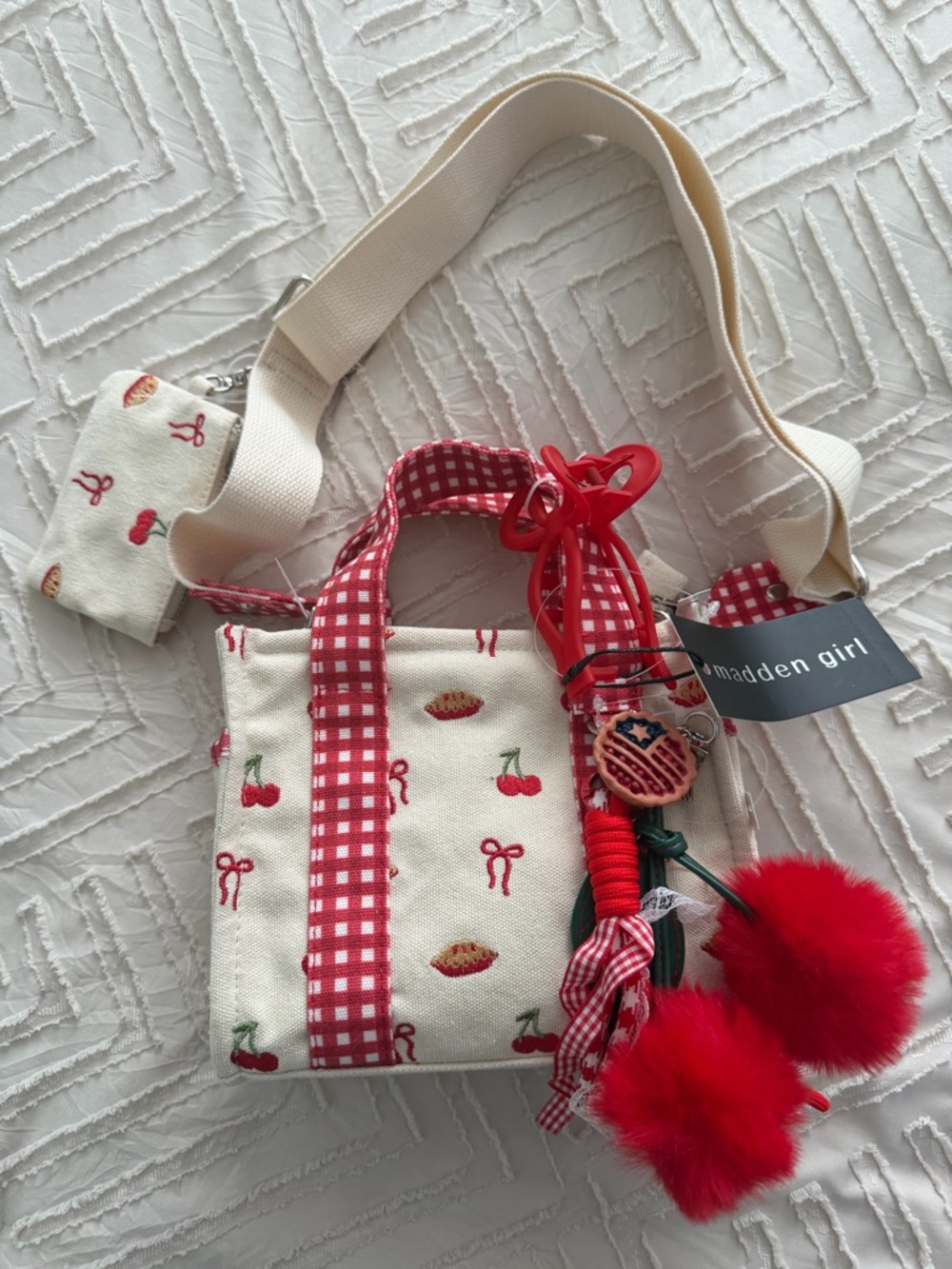 VIRAL Madden Girl Cherry 🍒 Canvas Crossbody Bag with Charm,hair clip,wristlet